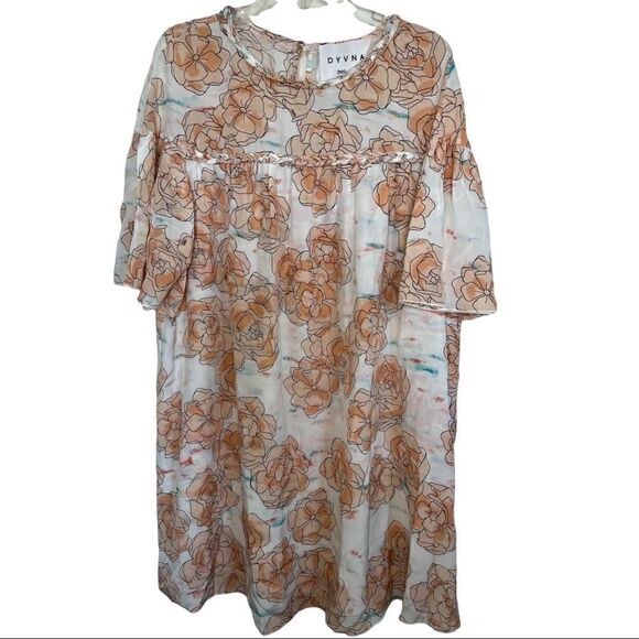 DYVNA Orange/White Floral Silk Bell Sleeve Braided Trim Shift Dress - Picture 4 of 12